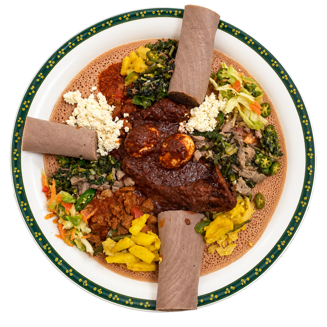 Injera platter with chicken in dark red sauce, two eggs, white cheese, greens, meat, yellow vegetables and salad
