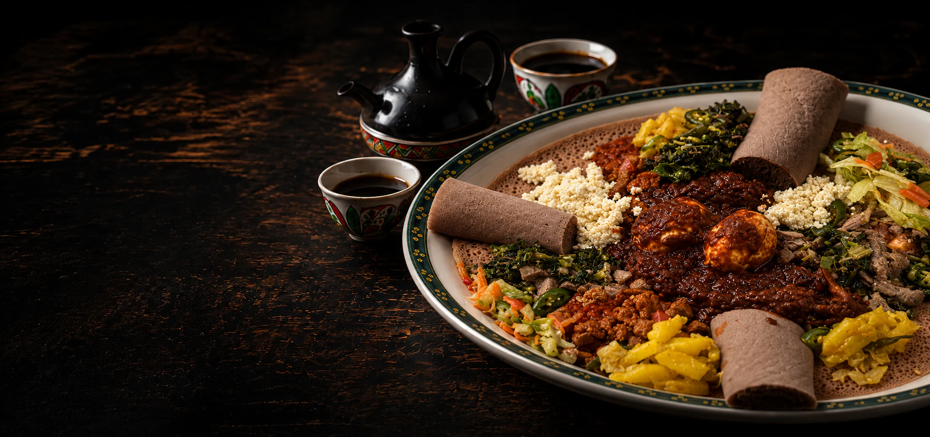 Doro Wat with chicken, eggs, vegetables and injera beside an Ethiopian coffee pot and cups